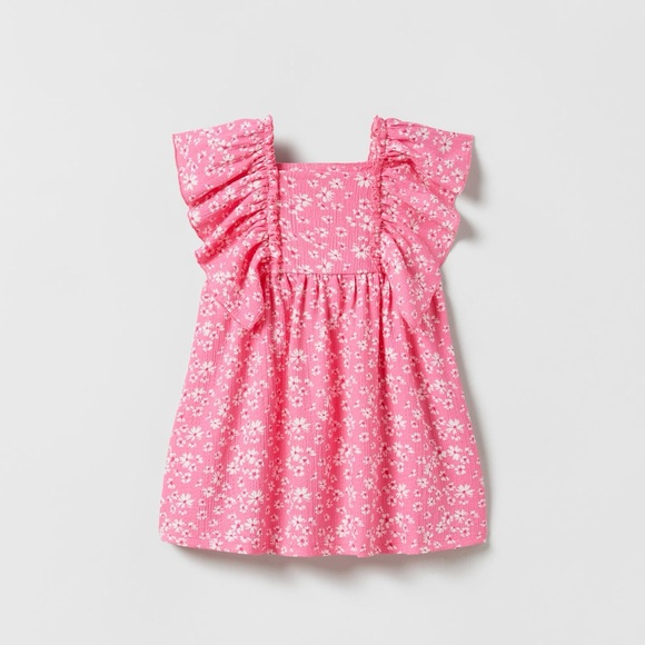 Zara Girls Pink Floral Flutter Sleeve Dress - Picture 1 of 3